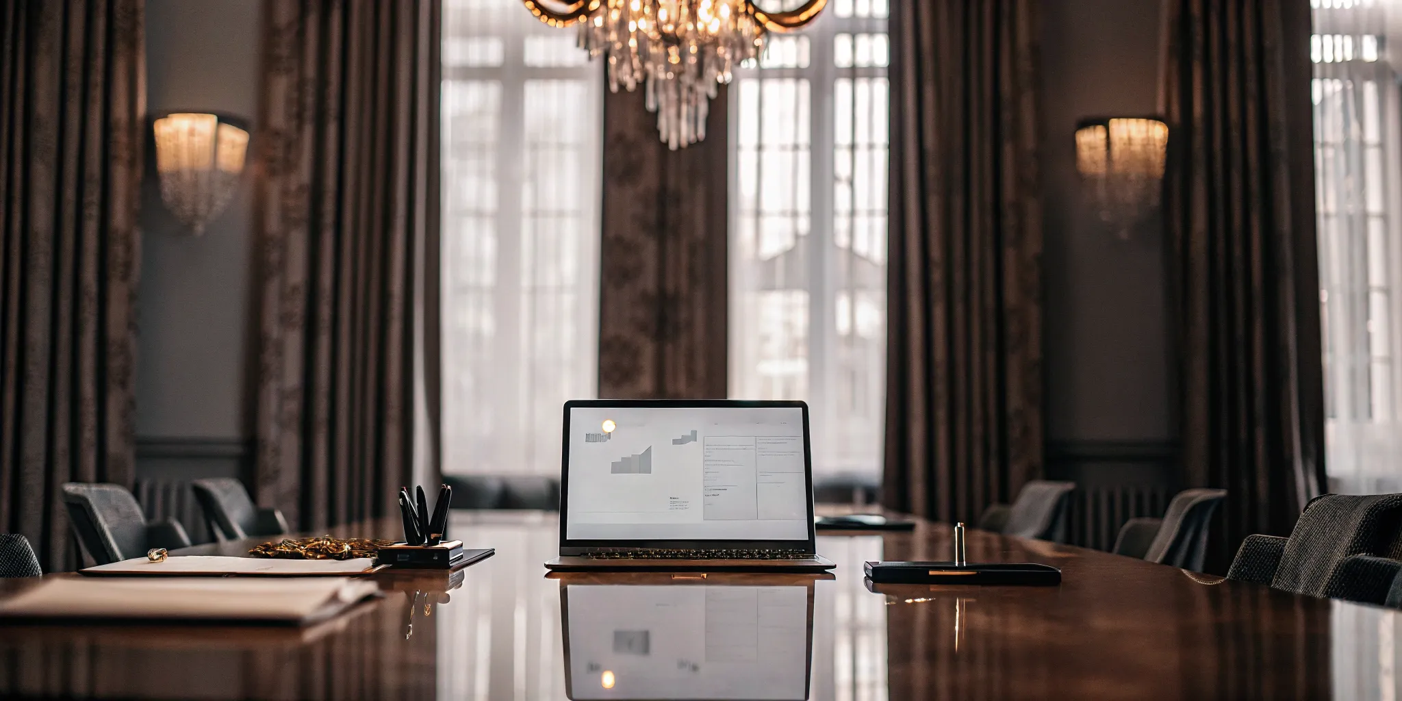 Fractional CMO laptop in luxury brand boardroom.